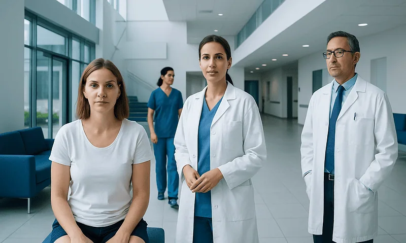 Medical team at Acibadem Hospital with patient in modern hospital corridor.