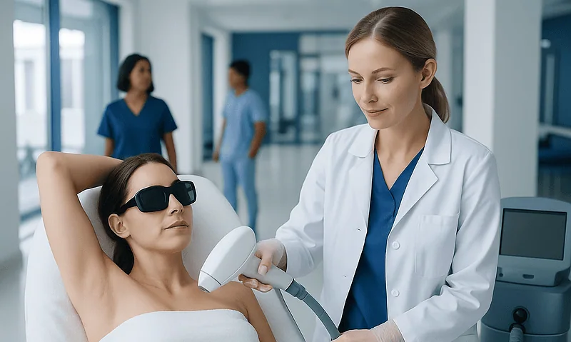 Medical professional performing laser hair removal treatment on patient in clinic.