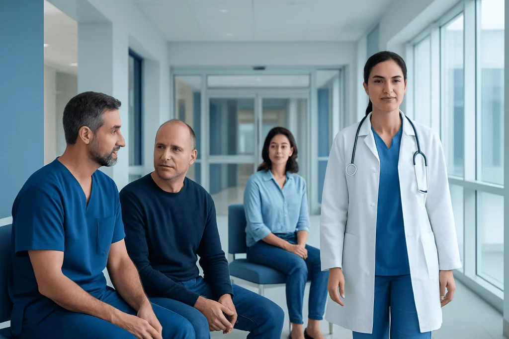 Hair Restoration: A Complete Medical Overview 1 Medical team consulting in a hospital corridor with a female doctor and patients.