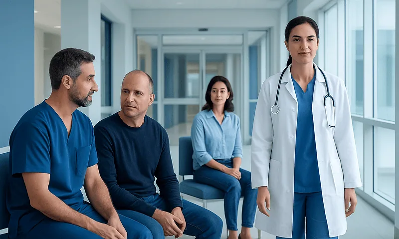 Medical team consulting in a hospital corridor with a female doctor and patients.