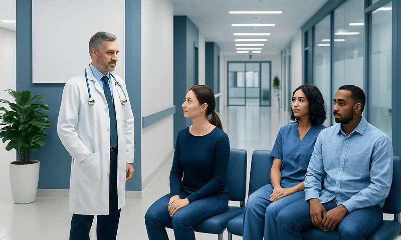 Doctor consulting with three patients in a hospital corridor.