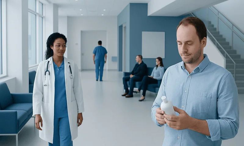 Patient consulting with doctor in hospital corridor at Acibadem Hospitals.