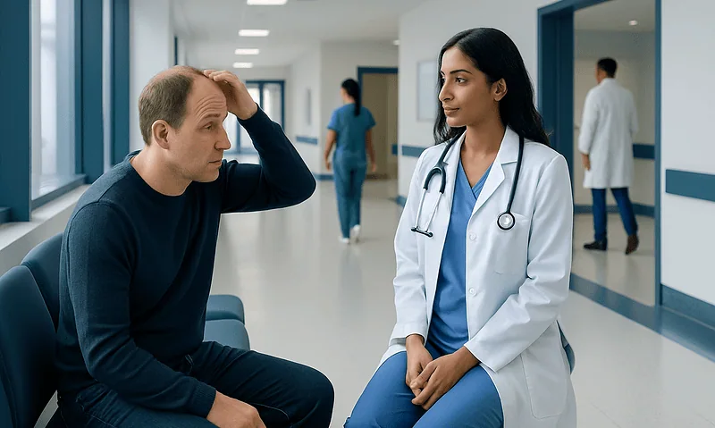 Doctor consulting with patient about hair thinning in hospital corridor.