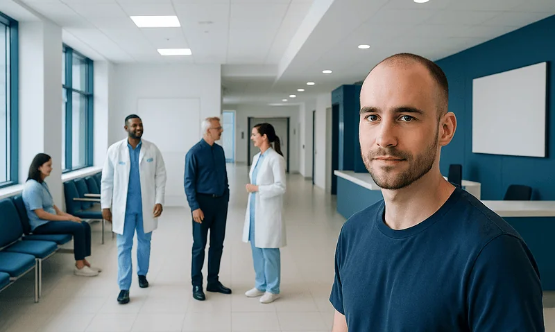 Male patient waiting in hospital corridor at Acibadem Hospitals Group.