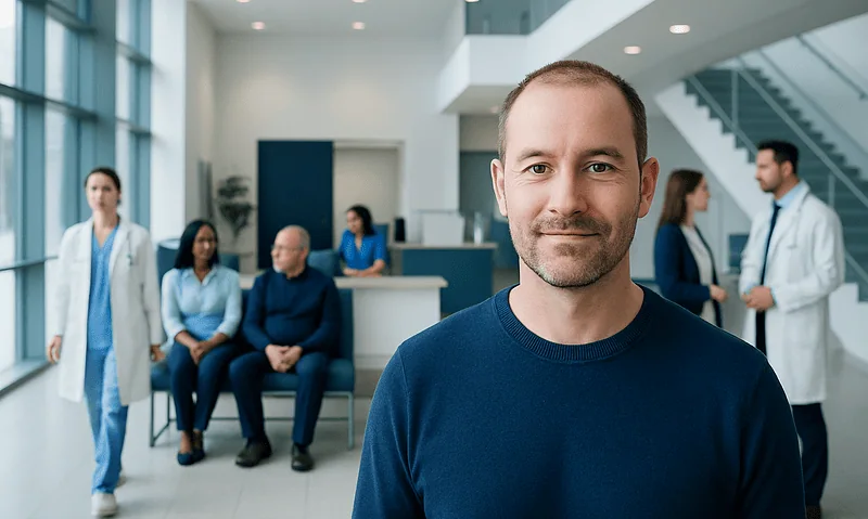 Smiling male patient in hospital lobby with medical staff in background.