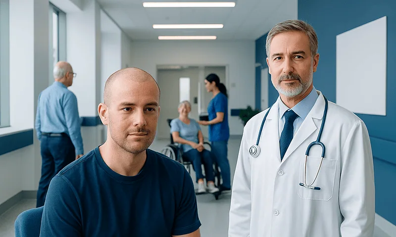Patient and doctor in a hospital consultation room at Acibadem Hospitals Group.