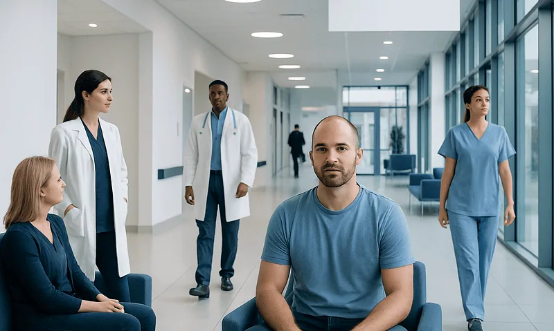 Patients and medical staff in a modern hospital corridor at Acibadem Hospitals Group.