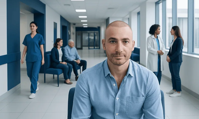 Patient waiting in a modern hospital corridor with medical staff in the background.