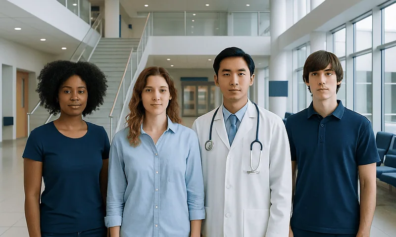 Diverse medical team in modern hospital lobby.