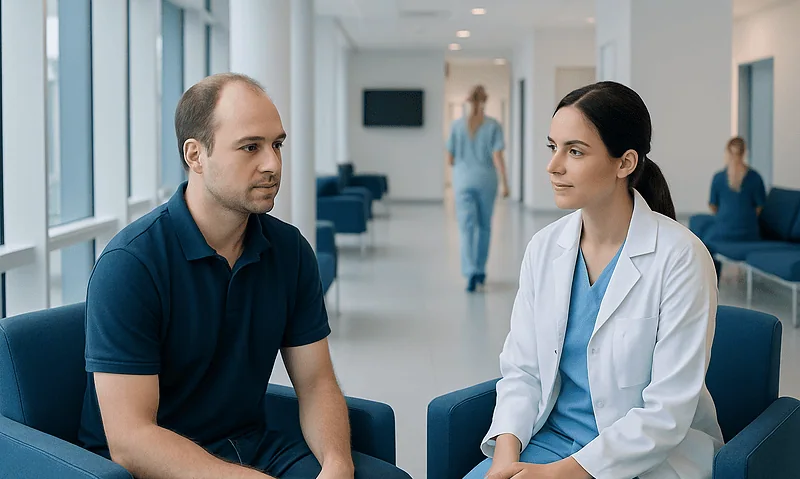 Patient consulting with doctor in modern hospital corridor.