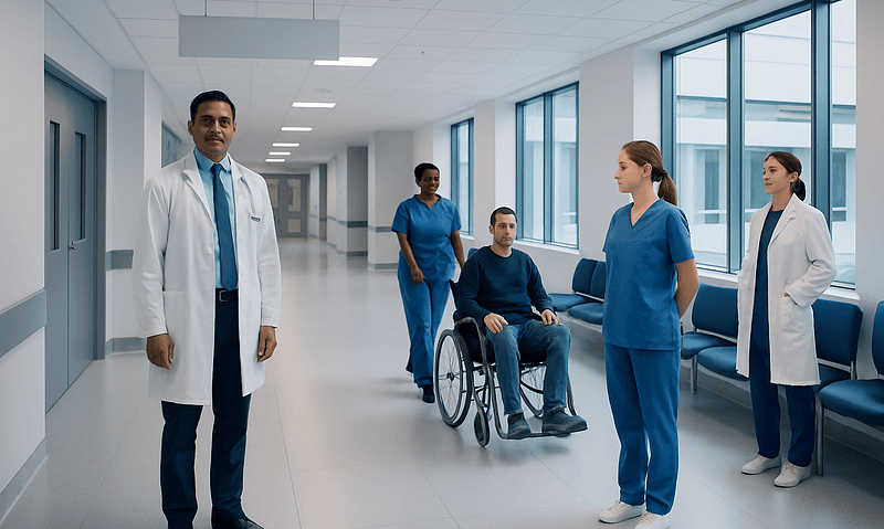 Medical team in hospital corridor with patient in wheelchair and staff in scrubs.