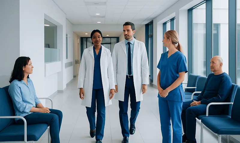 Medical team consulting with patients in hospital corridor.