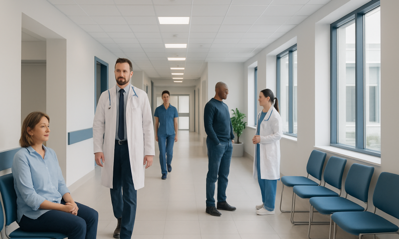 Medical professionals and patients in a hospital corridor at Acibadem Hospitals Group.