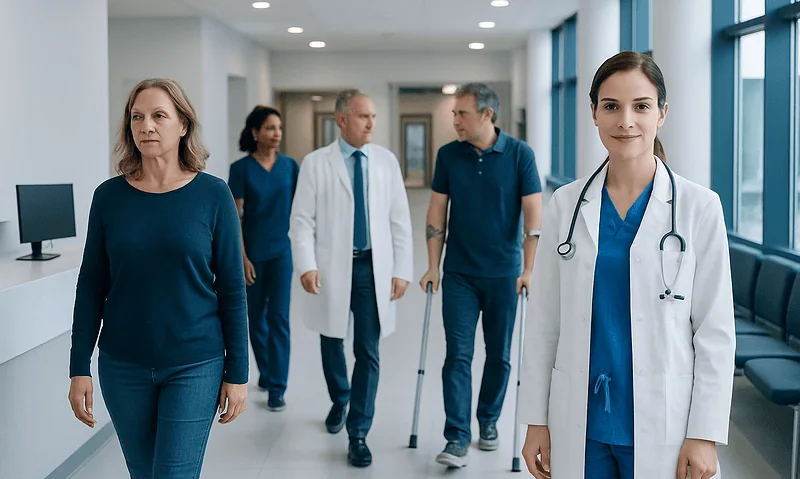 Healthcare professionals and a patient in a hospital corridor.