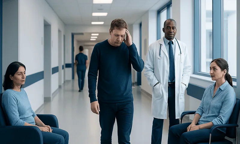 Patient experiencing headache in hospital corridor with medical staff nearby.
