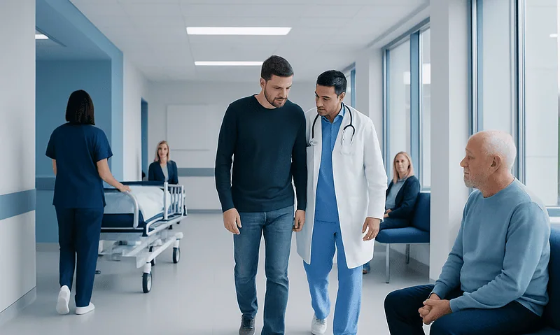 Doctor consulting with patient in hospital corridor with medical staff and patient beds.