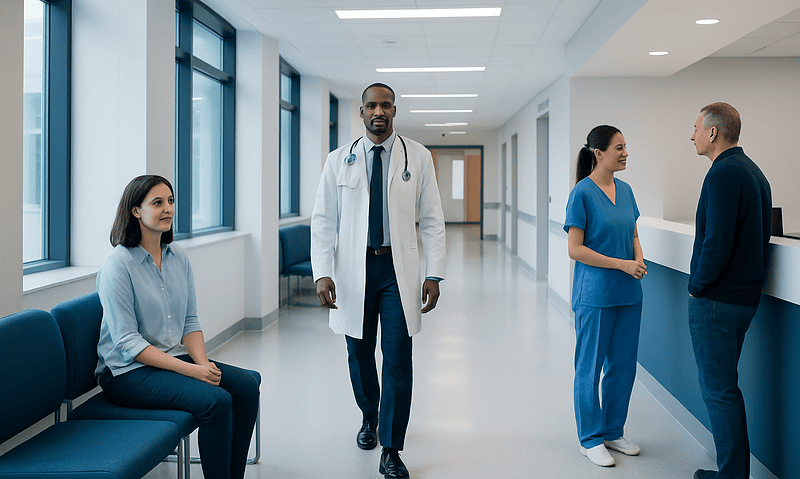 Medical professionals and patient in hospital corridor at Acibadem Hospitals Group.