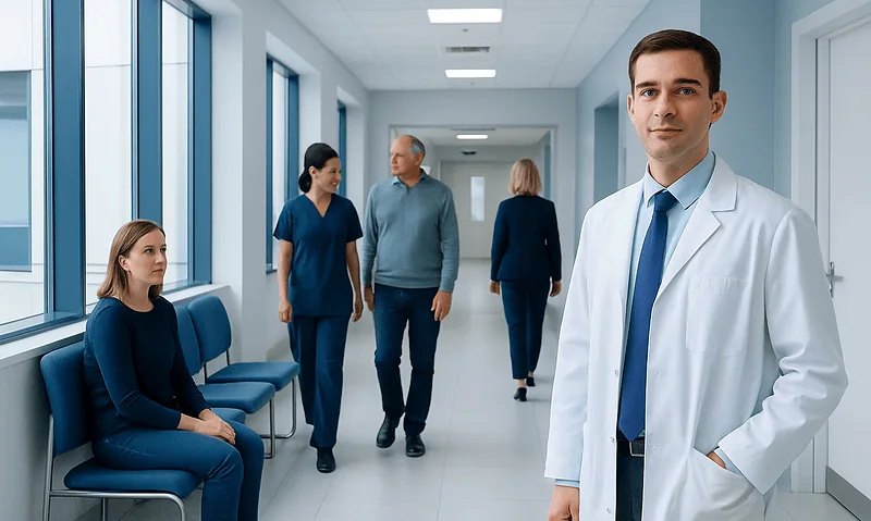 Doctor in hospital corridor with patients and staff, healthcare setting.