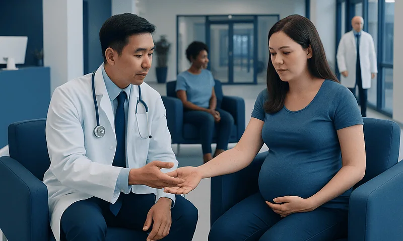 Doctor examining pregnant woman's hand in hospital setting.