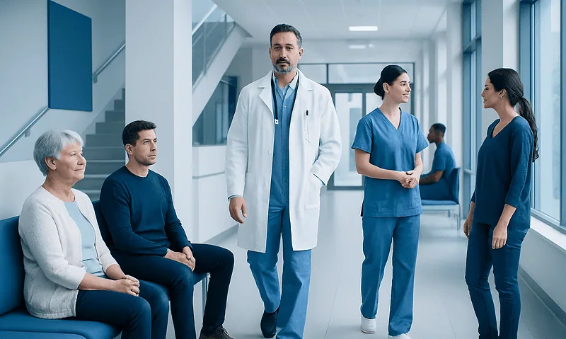 Medical team consulting with patients in hospital corridor.