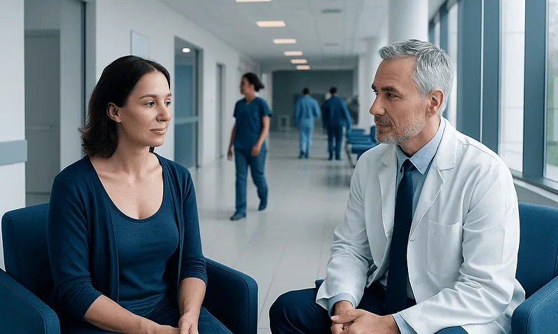 Doctor consulting with a female patient in a hospital corridor.