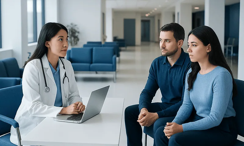 Doctor consulting with a couple in a modern hospital lobby.