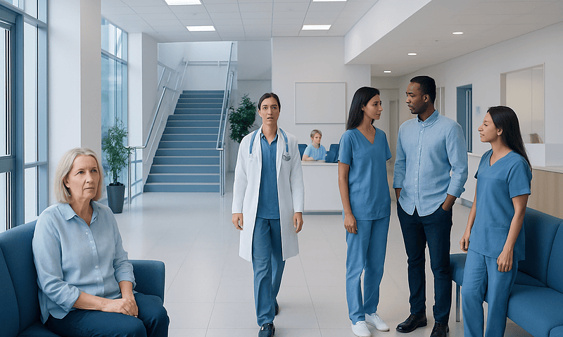 Hospital staff and patient in a modern medical facility corridor.