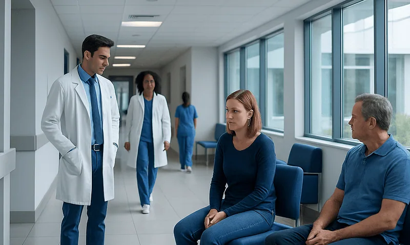 Doctor consulting female patient in hospital corridor with staff in background.
