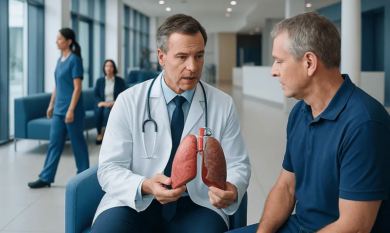 Doctor explaining lung health to patient in hospital setting.