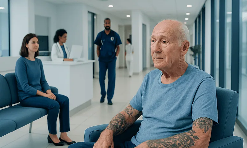 Elderly man with tattoos at a hospital waiting area with medical staff nearby.