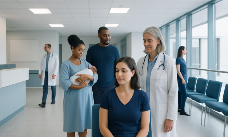 Medical team consulting a patient in a hospital corridor.
