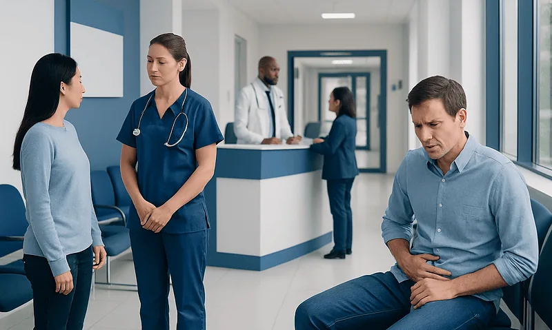 Patient experiencing abdominal pain in a hospital corridor with medical staff nearby.