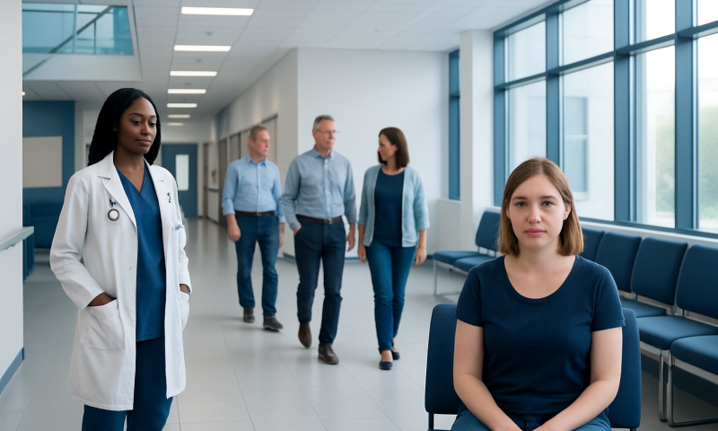 Patient waiting in hospital corridor with medical staff nearby.