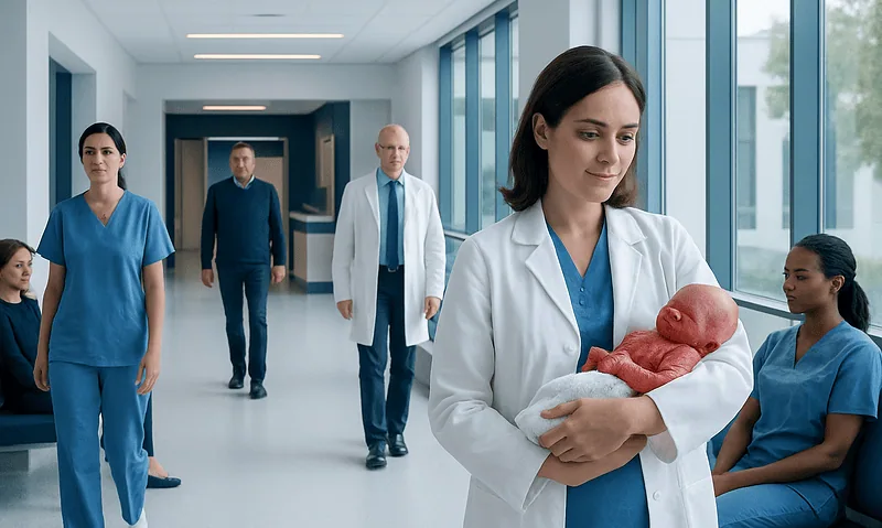 Medical team with a newborn in a hospital corridor at Acibadem Hospitals Group.