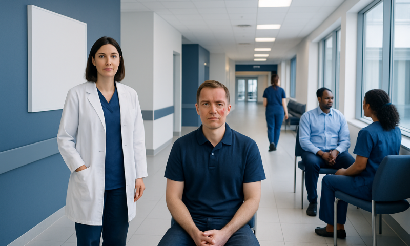 Medical professionals and patients in a hospital corridor at Acibadem Hospitals Group.