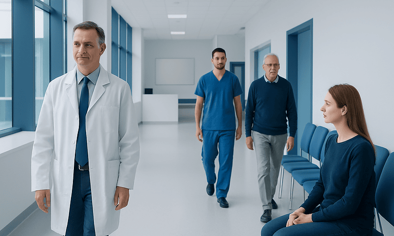 Medical team in hospital corridor discussing patient care.