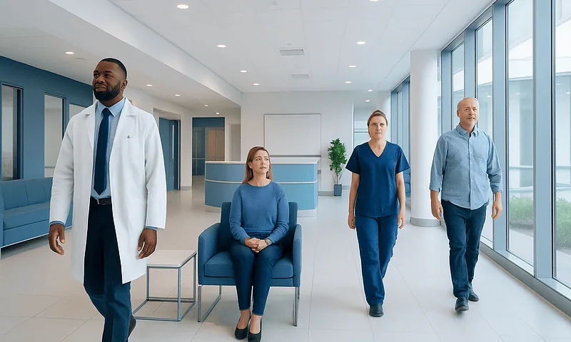 Medical professionals and patient in a modern hospital corridor.