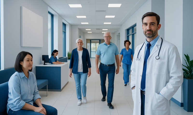 Medical team and patient in hospital corridor at Acibadem Hospitals Group.