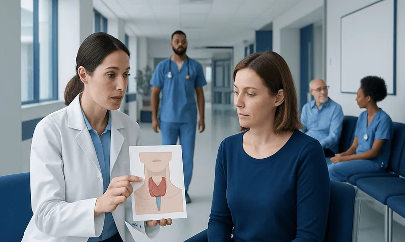 Doctor explaining thyroid diagram to patient in hospital corridor.