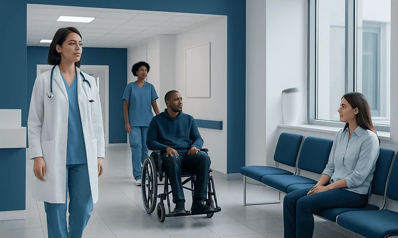 Hospital staff and patient in a modern medical facility.