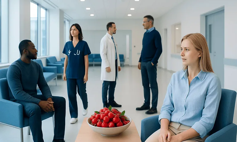 Patients and medical staff in a hospital waiting area with a bowl of apples on a table.