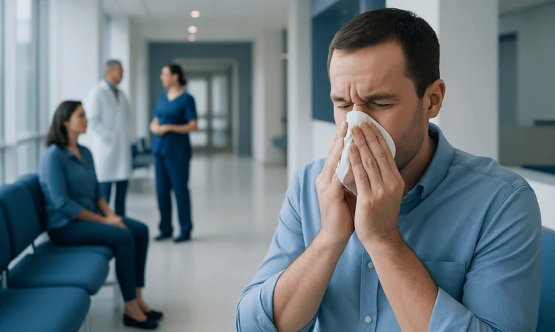 Man with allergy symptoms sneezing in hospital corridor.