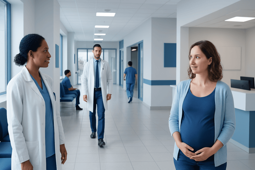 HCG: An Evidence-Based Guide for Patients 1 Pregnant woman talking with healthcare professionals in hospital corridor.