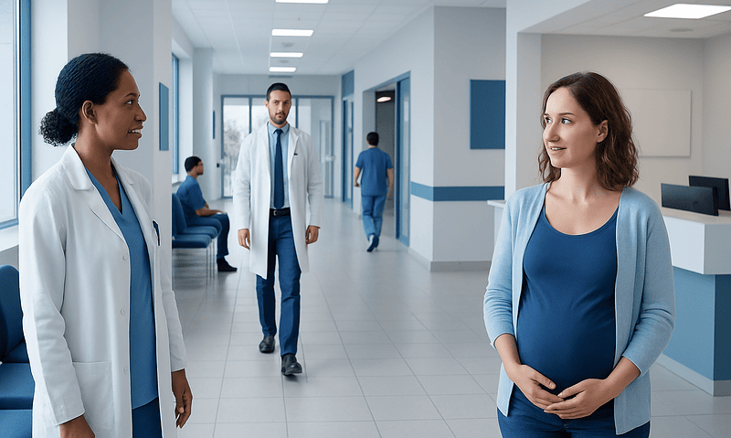 Pregnant woman talking with healthcare professionals in hospital corridor.