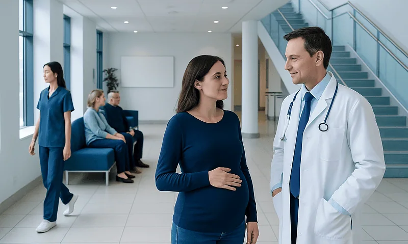 HCG Levels by Week Explained: Reference Ranges and What Affects Them 2 Pregnant woman consulting with a doctor in a hospital corridor.