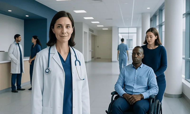 Healthcare professionals and a patient in a modern hospital corridor.