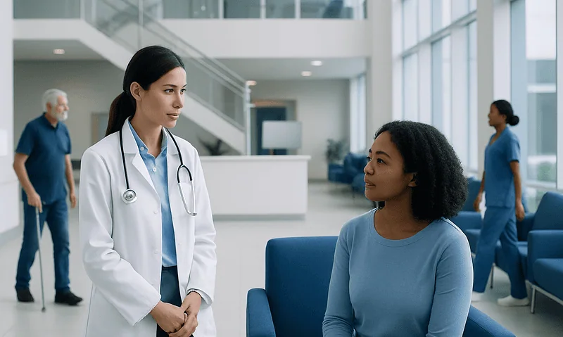 HDL Cholesterol Blood Test: What Low and High Levels Mean — and What to Do Next 13 Doctor consulting with a patient in a modern hospital lobby.