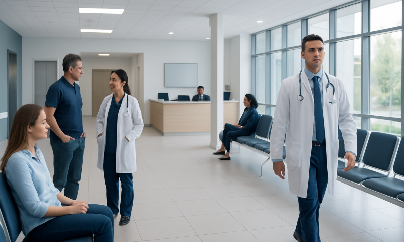 Doctors and patients in a modern hospital waiting area.