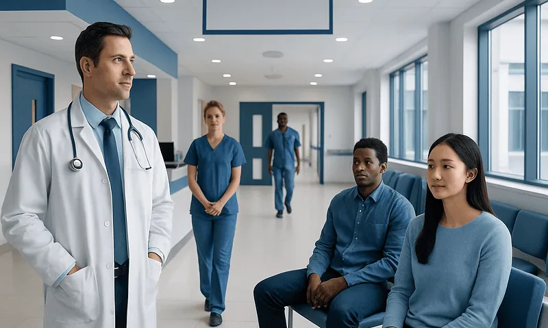 Medical team consulting with patients in a hospital corridor.