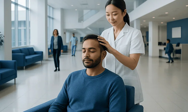 Medical professional performing head massage on patient in hospital setting.